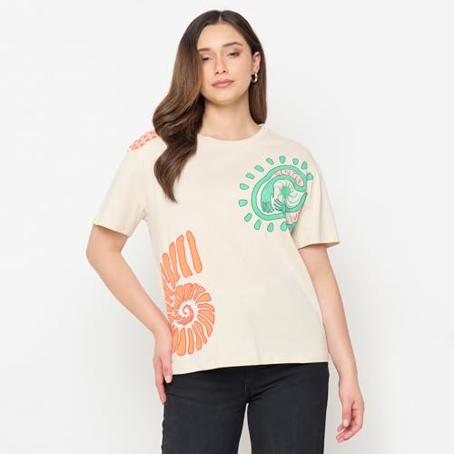 Madame Beige Printed Cotton Round Neck T Shirt