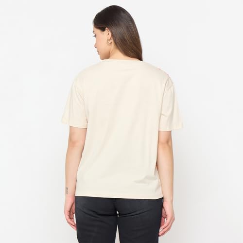Madame Beige Printed Cotton Round Neck T Shirt