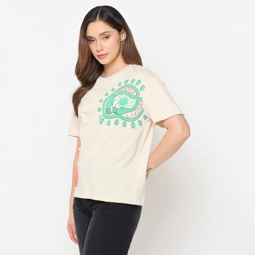 Madame Beige Printed Cotton Round Neck T Shirt