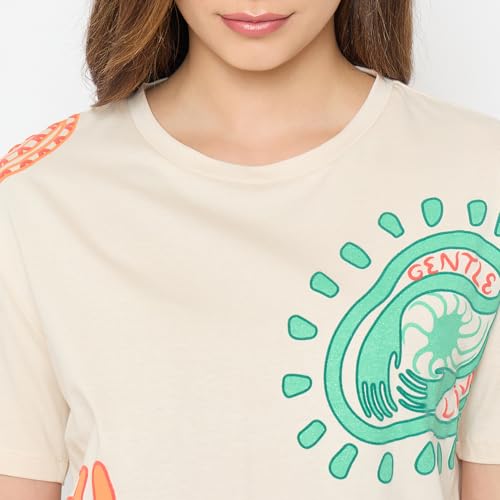 Madame Beige Printed Cotton Round Neck T Shirt
