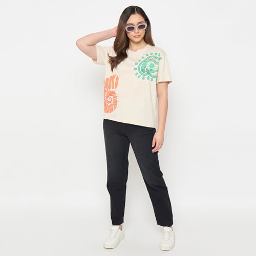 Madame Beige Printed Cotton Round Neck T Shirt