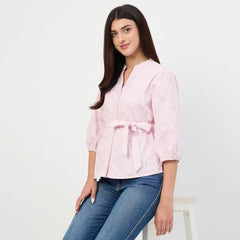 Madame Pink Belted Cotton Mandarin-Collar Top