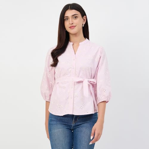 Madame Pink Belted Cotton Mandarin-Collar Top