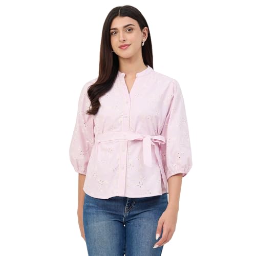 Madame Pink Belted Cotton Mandarin-Collar Top
