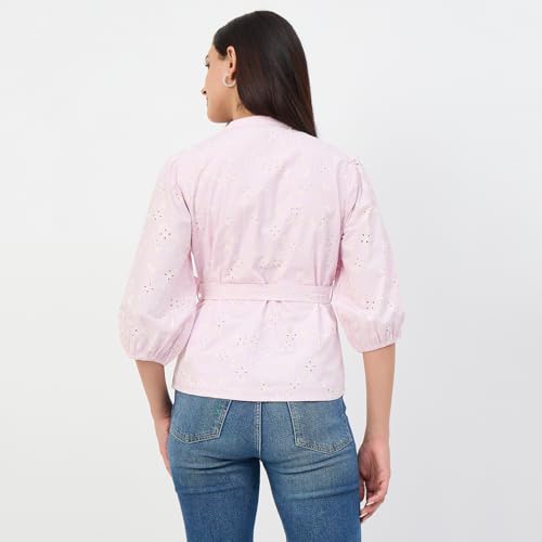 Madame Pink Belted Cotton Mandarin-Collar Top