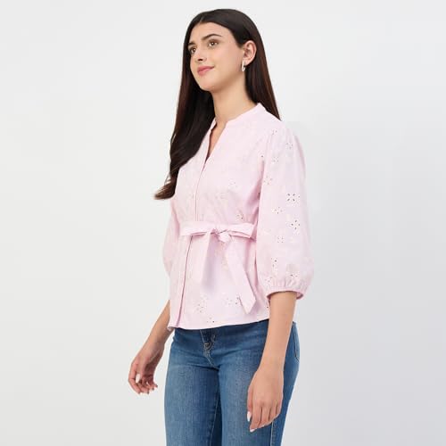 Madame Pink Belted Cotton Mandarin-Collar Top