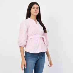 Madame Pink Belted Cotton Mandarin-Collar Top