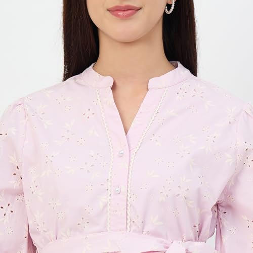 Madame Pink Belted Cotton Mandarin-Collar Top