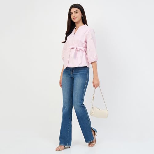 Madame Pink Belted Cotton Mandarin-Collar Top