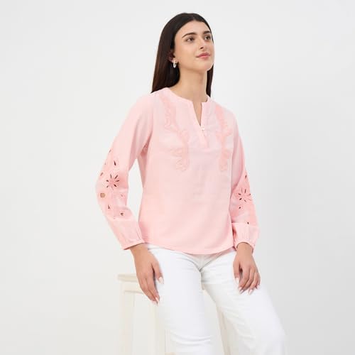 Madame Powder Pink Embroidered Cotton-Linen Tunic Top