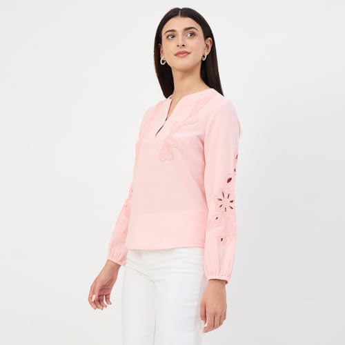 Madame Powder Pink Embroidered Cotton-Linen Tunic Top