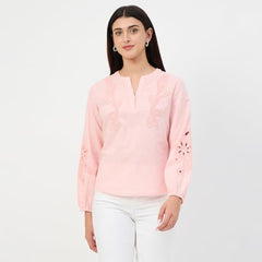 Madame Powder Pink Embroidered Cotton-Linen Tunic Top