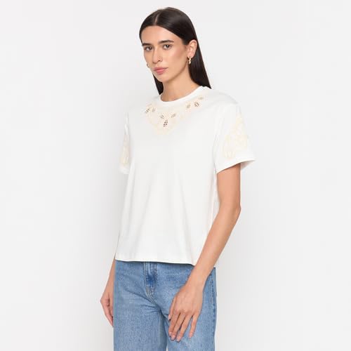 Madame White Cotton Embroidered Half-Sleeve Top