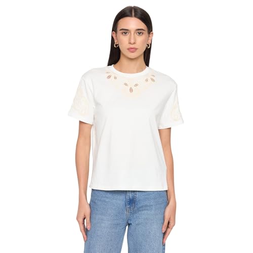 Madame White Cotton Embroidered Half-Sleeve Top