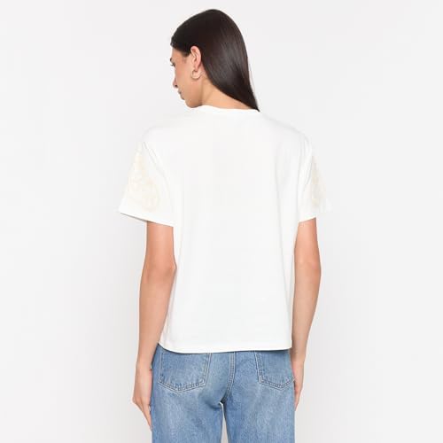 Madame White Cotton Embroidered Half-Sleeve Top
