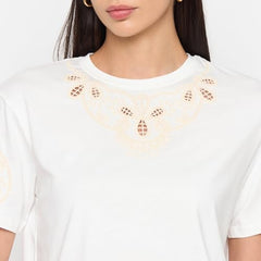 Madame White Cotton Embroidered Half-Sleeve Top