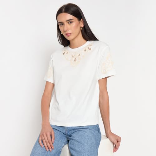 Madame White Cotton Embroidered Half-Sleeve Top