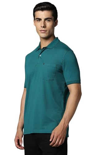 Louis Philippe men's green solid polo neck T-shirt displayed on a hanger, casual and stylish upper wear for men.