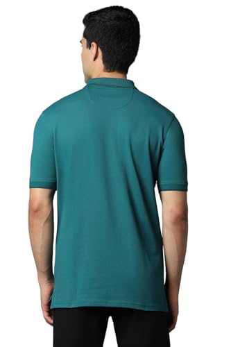 Louis Philippe men's green solid polo neck T-shirt, short-sleeve casual upper wear with classic fit and soft fabric.
