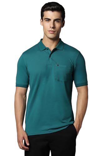 Louis Philippe green solid men's polo neck T-shirt, long-sleeve casual upper wear, front view showing collar and fit
