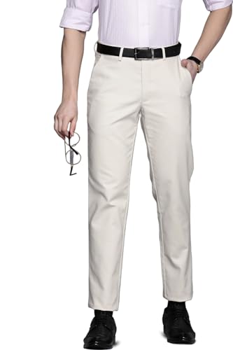 Men Cream Slim Fit Solid Flat Front Formal Trousers