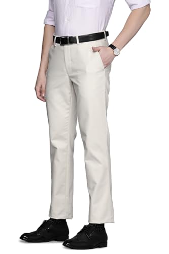 Men Cream Slim Fit Solid Flat Front Formal Trousers