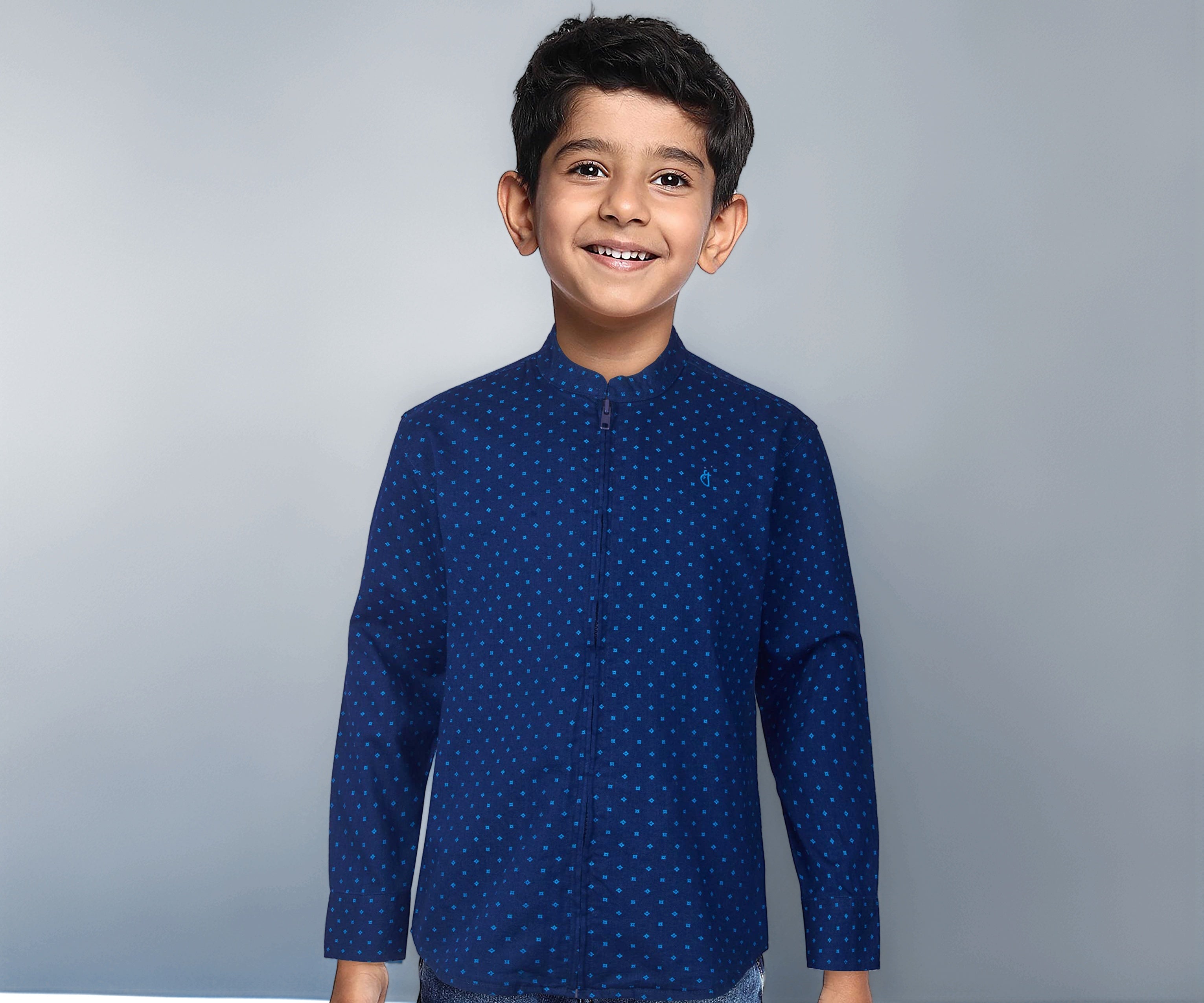 Gini & Jony Boys Blue Printed Cotton Denim Full Sleeves Shirt 13-14 Years
