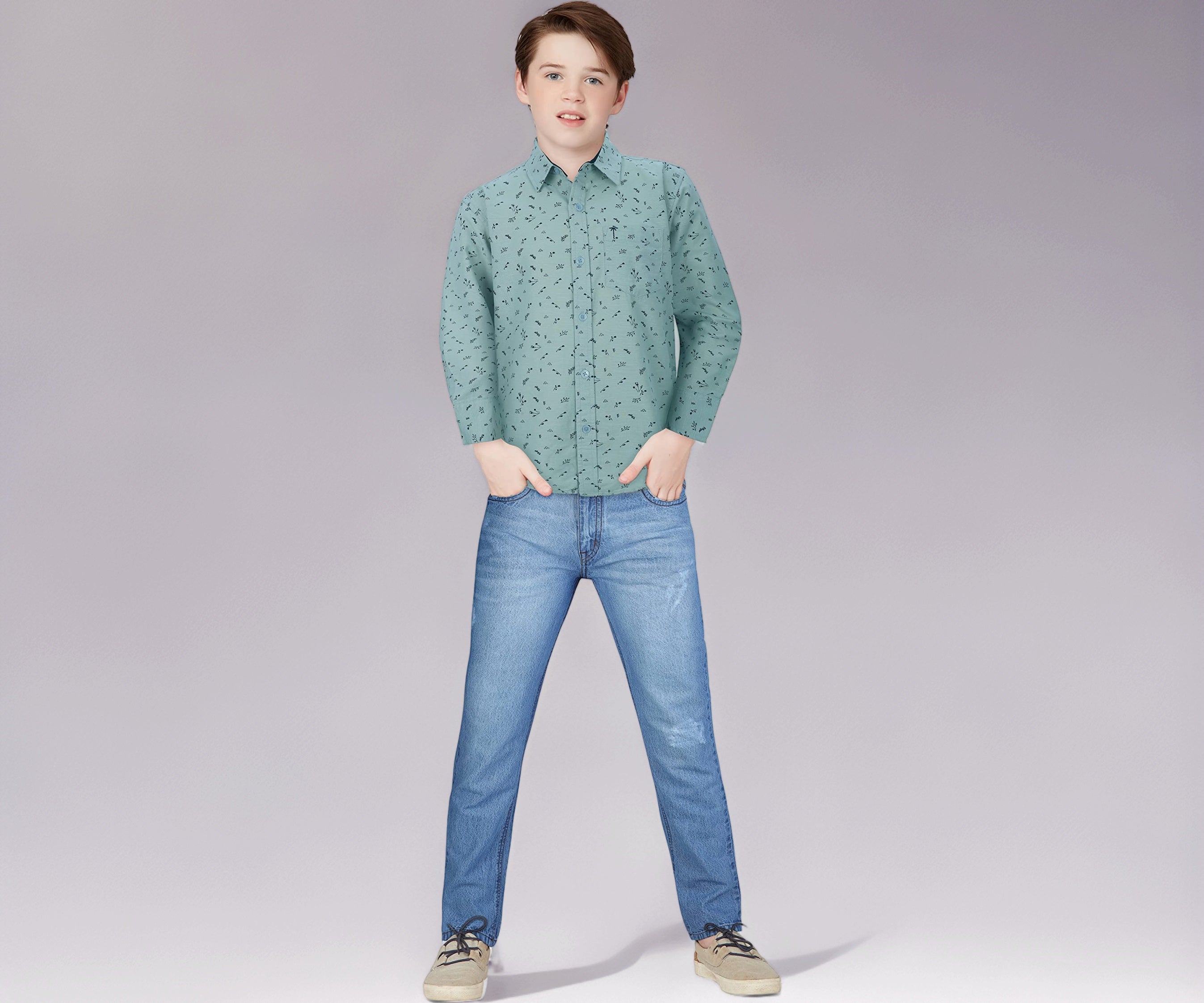 PALM TREE Boys Grey Printed Cotton Full Sleeves Shirt 4-5 Years