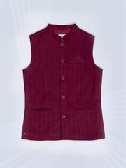 Gini and Jony boys maroon cotton sleeveless Modi jacket for winter, size 3-4 years, with a soft, solid design and warm fabric.