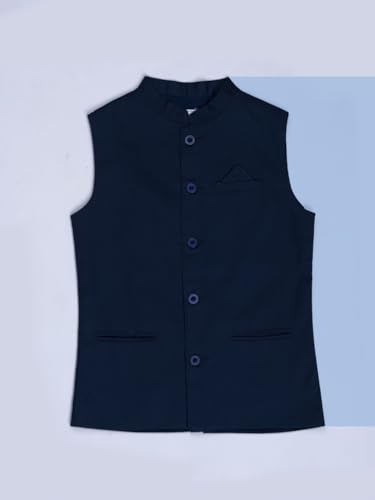 Gini & Jony boys navy blue cotton sleeveless Modi jacket for winter, size 3-4 years, with solid design and front pockets.
