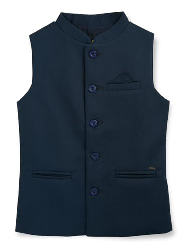 Gini and Jony boys navy blue sleeveless cotton jacket for winter, size 3-4 years, with a solid design and zip closure.