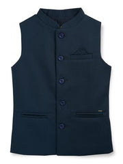 Gini and Jony boys navy blue sleeveless cotton jacket for winter, size 3-4 years, with a solid design and zip closure.
