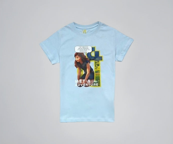 Gini & Jony Girls Blue Cotton Printed Crew Neck Half Sleeve Top 3-4 Years