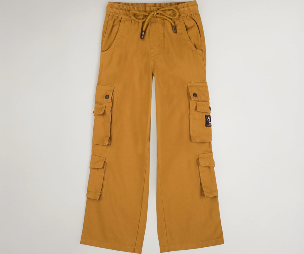 Gini & Jony boys' brown solid cotton elasticated cargo trousers for 11-12 years, featuring a comfortable fit and casual style.