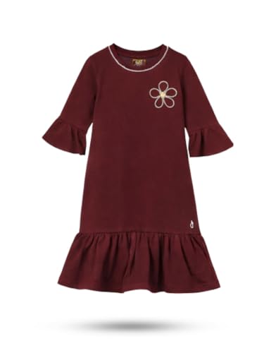 Girls Maroon Applique 3/4th Sleeve Dress