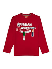 Gini and Jony boys' red graphic print cotton full-sleeve T-shirt for ages 3-4 years, featuring playful design and comfortable fit.