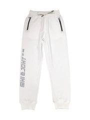 Gini and Jony boys white cotton track pants with typography print, elasticated waist, suitable for ages 12-18 months.