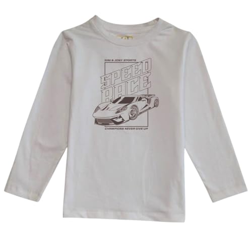 Gini and Jony boys' white graphic cotton T-shirt with full sleeves for ages 3-4, casual boys' upper clothing.