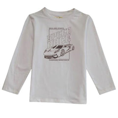 Gini and Jony boys' white graphic cotton T-shirt with full sleeves for ages 3-4, casual boys' upper clothing.