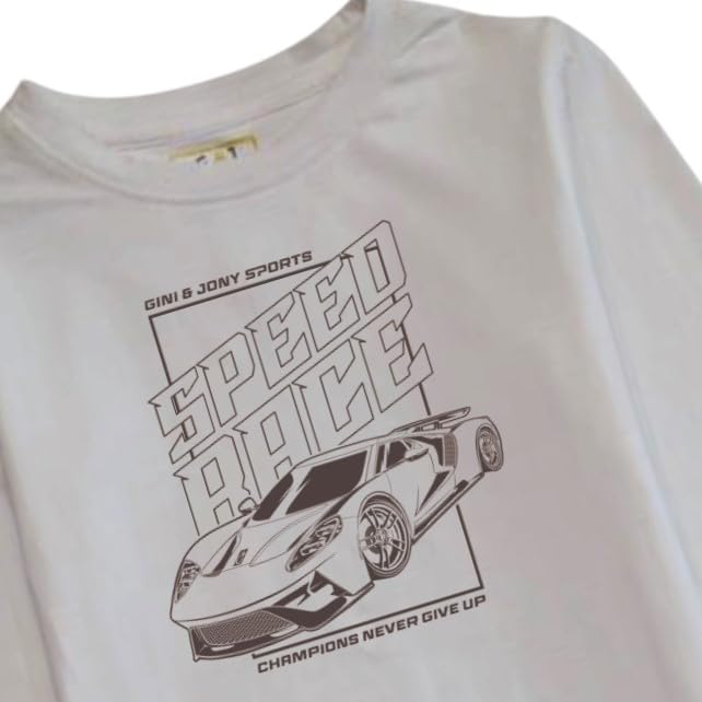 Gini & Jony boys white graphic cotton full-sleeve T-shirt for ages 3-4 years, featuring playful design and comfortable fabric.