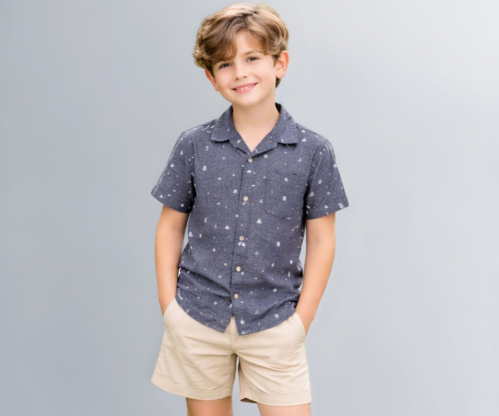 Gini and Jony Boys Grey Printed Cotton Shirt Half Sleeves 5-6 Years
