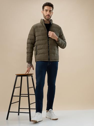 Status Quo Mens Solid Quilted Puffer with Stand Collar Reversible Jacket | 100% Polyester | BLACK/OLIVE | M Size