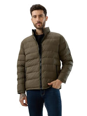 Status Quo Mens Solid Quilted Puffer with Stand Collar Reversible Jacket | 100% Polyester | BLACK/OLIVE | M Size