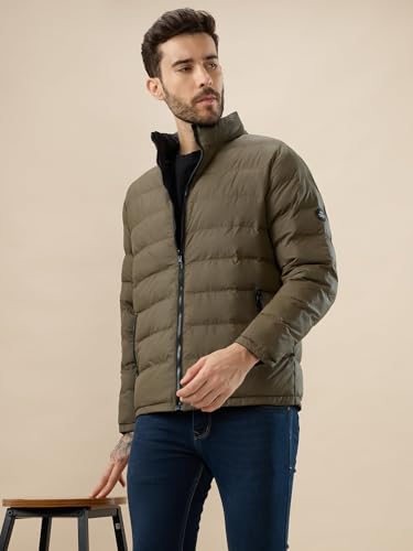 Status Quo Mens Solid Quilted Puffer with Stand Collar Reversible Jacket | 100% Polyester | BLACK/OLIVE | M Size
