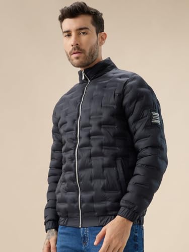 Status Quo Men's Solid Quilted Mock Collar Full Sleeves Puffer Jacket | 100% Nylon | Black | M Size