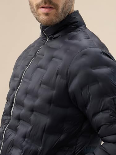 Status Quo Men's Solid Quilted Mock Collar Full Sleeves Puffer Jacket | 100% Nylon | Black | M Size