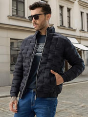 Status Quo Men's Solid Quilted Mock Collar Full Sleeves Puffer Jacket | 100% Nylon | Black | M Size