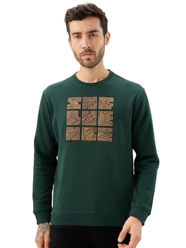 Status Quo Men's Chest Rubber Typography Print Full Sleeve Round Neck Fleece Sweatshirt | 60% Cotton 40% Polyester | Bottle Green | M Size
