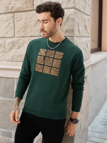 Status Quo Men's Chest Rubber Typography Print Full Sleeve Round Neck Fleece Sweatshirt | 60% Cotton 40% Polyester | Bottle Green | M Size