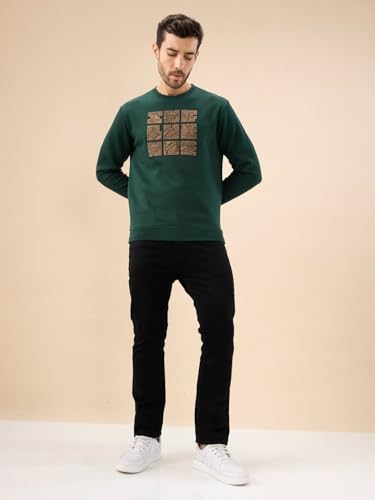 Status Quo Men's Chest Rubber Typography Print Full Sleeve Round Neck Fleece Sweatshirt | 60% Cotton 40% Polyester | Bottle Green | M Size